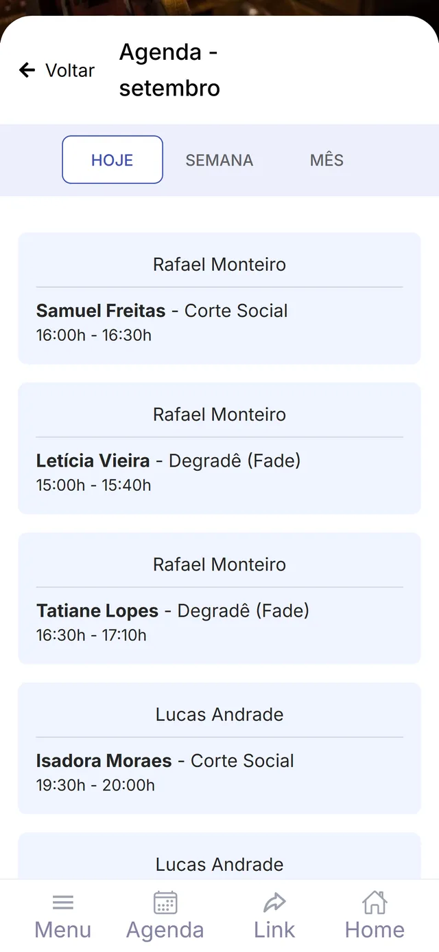 Agenda da equipe organizada por horário, serviço e profissional