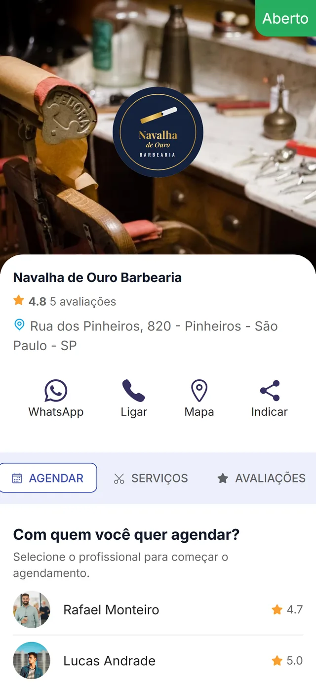 Página de exemplo da Navalha de Ouro, com informações do negócio e seleção do profissional