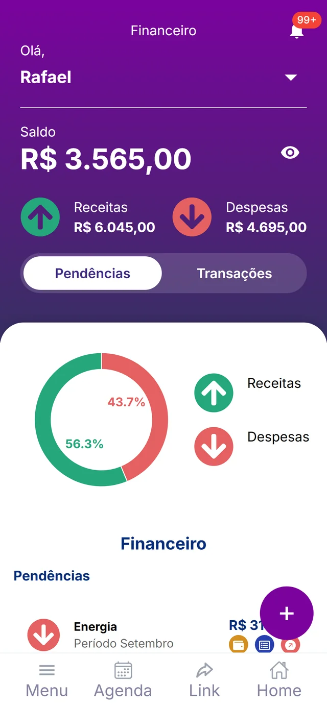 Painel financeiro com saldo, receitas e despesas do mês