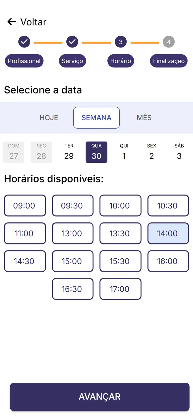 Calendário e horários livres para reservar um atendimento