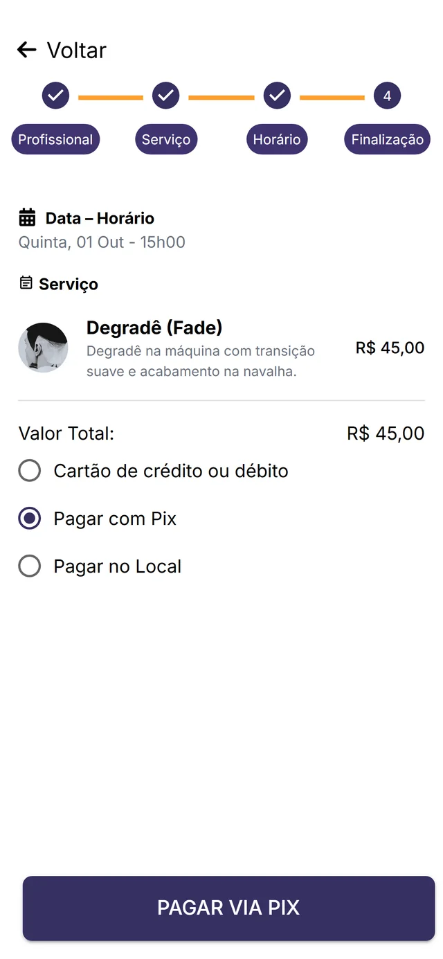 Opções de pagamento com cartão, Pix ou no local
