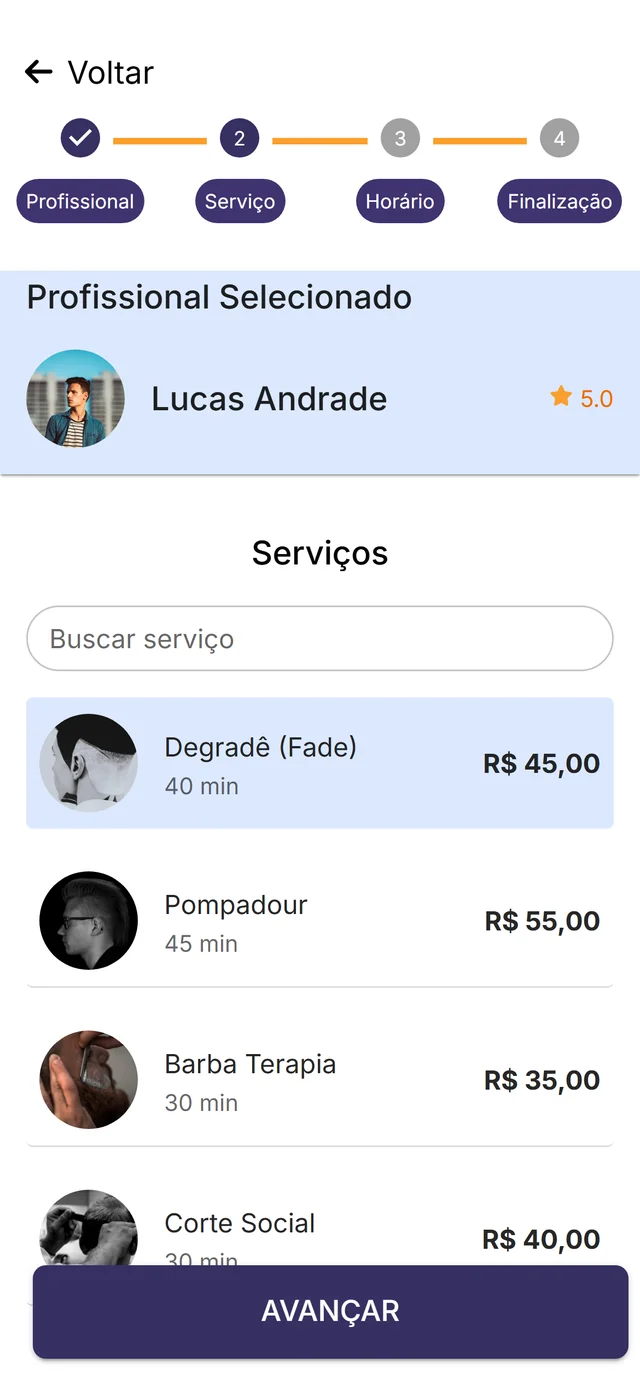 Serviços da barbearia com preço e duração de cada atendimento
