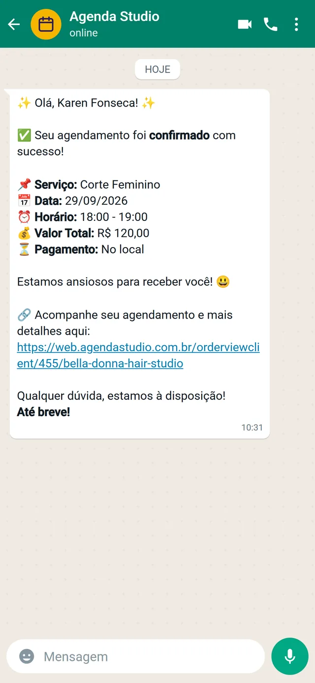 Mensagem de confirmação do agendamento enviada no WhatsApp